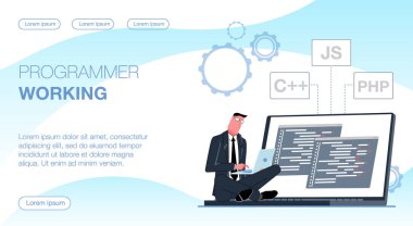 Programcı çalışıyor. Programcı bilgisayarda çalışıyor. Bir adam dizüstü bilgisayarla oturur, monitör de program kodlu pencereleri gösterir. Düz vektör illüstrasyonu.