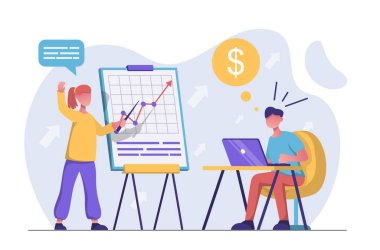 Kadın yönetim kurulunu işaret ediyor, bu da satış performansının arttığını gösteriyor. Yakınlarda bir adam dizüstü bilgisayarından satış rakamlarındaki artışı izliyor. Düz vektör illüstrasyonu.