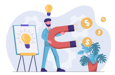 Başlangıç yatırımı. İş adamı parayı manyetik olarak çeker.