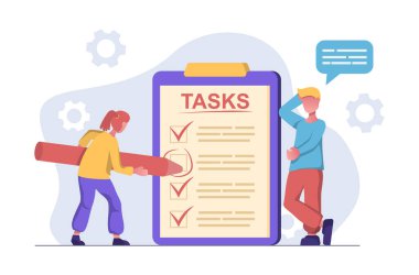 Görevler. Kadın tabletteki tüm görevleri işaretliyor.