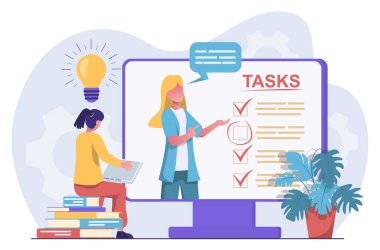 Giyin. Bir kadın bir webinar yönetir ve tamamlanmış görevlere işaret eder.