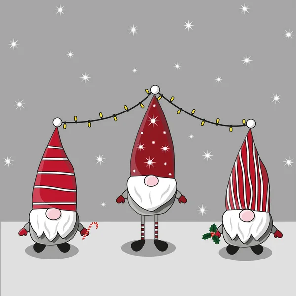 Nový Rok Vánoce Tři Elfové Vousy Klobouku Čapkou Věnci — Stockový vektor