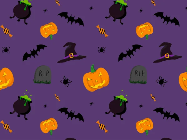 Modello Halloween Con Zucca Pietra Tombale Pipistrello Ragno Caramelle Calderone — Vettoriale Stock