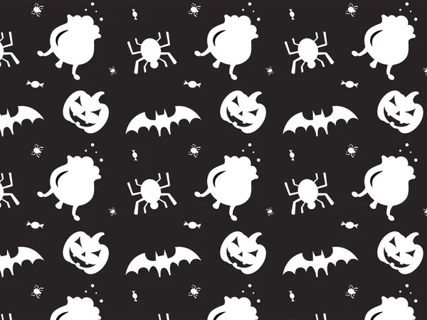 Modello Halloween Con Zucca Pipistrello Ragno Caramelle Calderone Cappello Strega — Vettoriale Stock