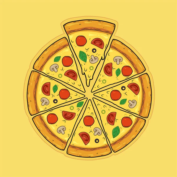 Pizza Plasterkach Kiełbasą Salami Grzybami Oliwkami Bazylią Pomidorami Serem Ilustracja — Wektor stockowy