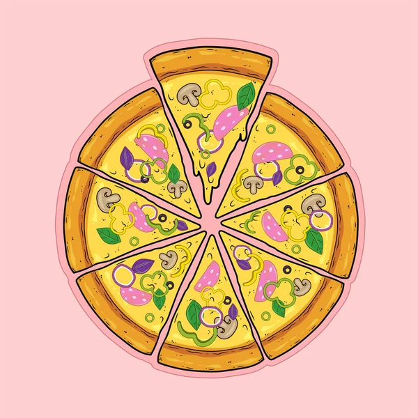 Snijd Pizza Met Worst Ham Prosciutto Paprika Uien Basilicum Champignons — Stockvector