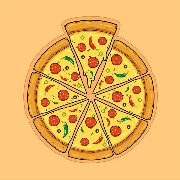 Pizza Rebanada Con Aceitunas Pimientos Salchichas Salami Queso Ilustración Vectorial — Vector de stock