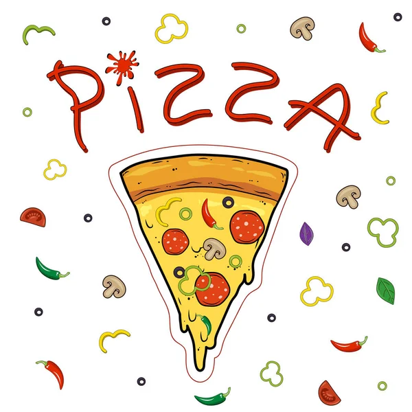 Szeletelt Pizza Gombával Olajbogyóval Borssal Szalámival Kolbásszal Sajttal Pizza Ketchup — Stock Vector