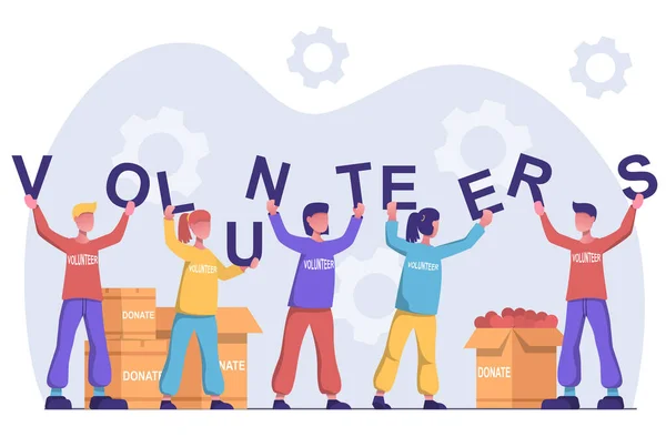 Önkénteskedés Önkéntes Szervezet Humanitárius Segélyeket Gyűjt Önkéntesek Leveleket Tartanak Kezükben — Stock Vector