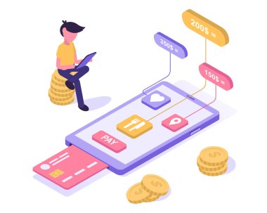 Mobile banking. A man analyzes his budget in the bank's mobile app