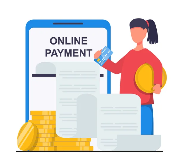 Betalning Online Kvinnan Betalar Med Kreditkort Från Sin Telefon Guldmynt — Stock vektor