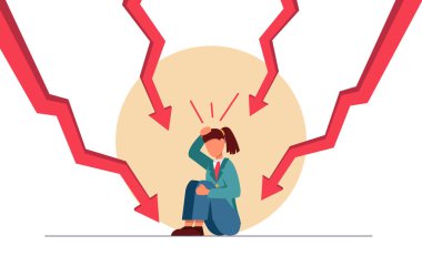 İş krizi. İş adamı çaresiz. Kız grafiklerin oklarının altında oturuyor.