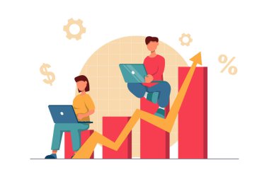 İş büyümesi. İnsanlar büyüyen bir grafikte dizüstü bilgisayarlar üzerinde çalışıyorlar.