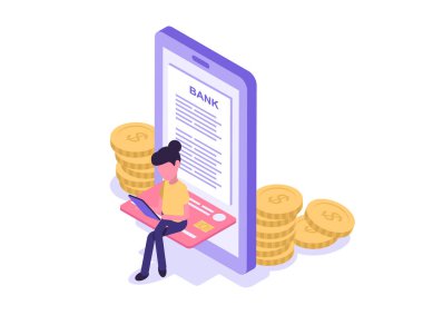 Mobil bankacılık. Bir kadın onun telefonundan online bankacılığa erişiyor.