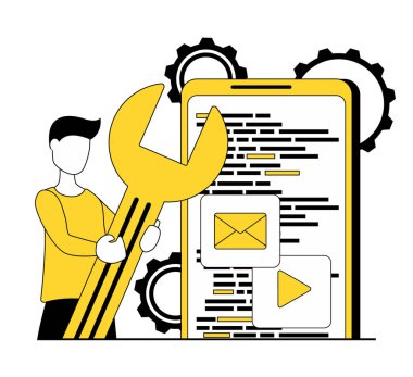 Uygulama geliştirme. Programcı telefonda bir uygulama oluşturur. İngiliz anahtarı tutan bir adam
