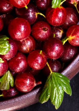 Olgun kırmızı bektaşi üzümlerinin taze toplanmış ve yıkanmış olduğu bir kasenin dikey görüntüsü. Böğürtlenlerin zengin bir yakut kırmızısı tonu, koyu kayrak yüzeyi vardır, çarpıcı ve rustik bir zemin oluşturur, meyvelerin canlı renklerine dikkat çeker, küçük damlalar