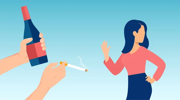 悪い習慣は拒絶概念 若い女性のベクトルはアルコールや喫煙にノーと言う — ストックベクタ