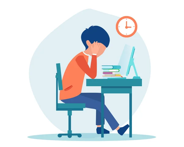 Vector Young Man Student Sitting Desk Head Hands Feeling Burnout — Stock Vector