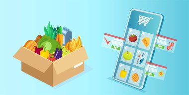 Online bir market alışverişi uygulamasının akıllı telefon ve bakkaliye paketlerindeki Isometric vektörü