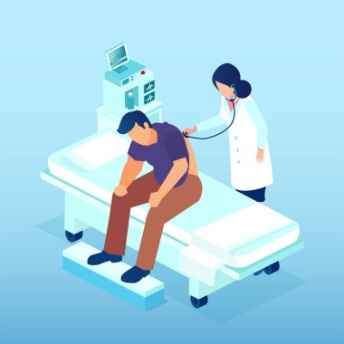 Kadın bir doktorun hastayı muayene etmesi akciğerleri ve kalbi dinlemesi. 