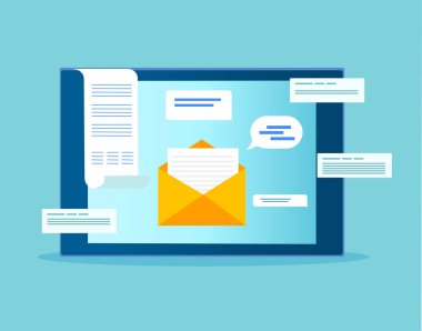 Mavi arkaplanda e- posta bildirim simgelerine sahip bir tabletin vektörü 