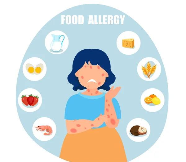 Vecteur Enfant Une Fille Avec Une Éruption Cutanée Allergie Alimentaire — Image vectorielle