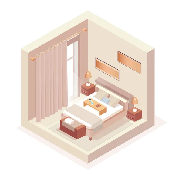 Isometrischer Vektor Eines Schlafzimmers Mit Bett Und Nachttischlampen — Stockvektor