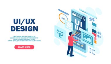 Bir insanın vektörü mobil bir uygulama için özel bir tasarım oluşturur, Ui UX tasarımı. 