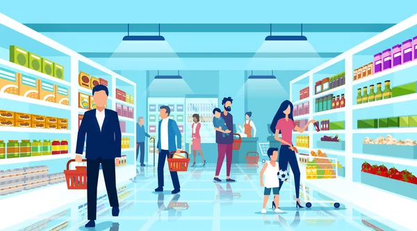 Süpermarketten alışveriş yapan, raflardan ürün seçen bir grup insanın vektörü