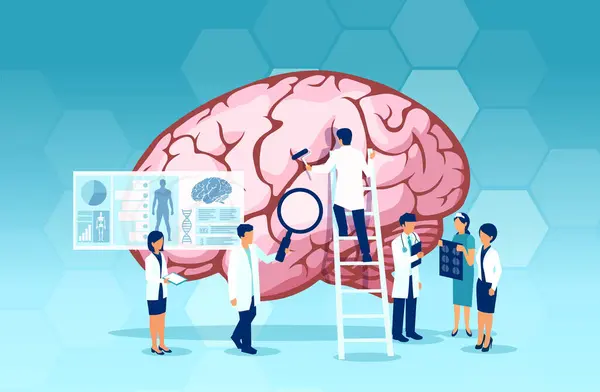 Vector Group Scientists Doctors Study Human Brain Psychology Medical Neurology — Stock Vector