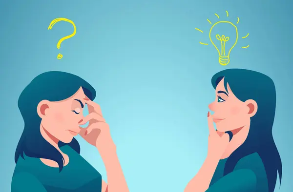 Vector Two Women Thinking One Has Question Another Solution Light — Stock Vector