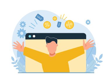 İnternet alışverişinde indirim yapan genç bir adamın vektörü. 