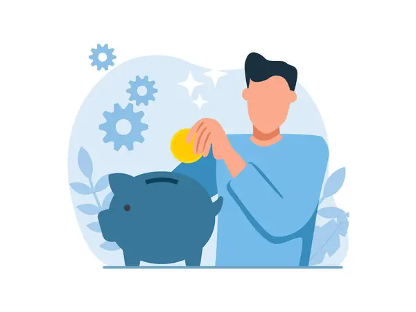 Vector Young Man Piggy Bank Saving Money — Stock Vector