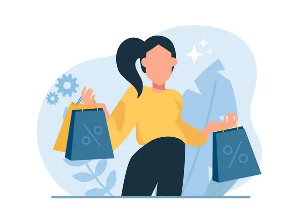 Vettore Una Donna Felice Con Shopping Bag Sconti — Vettoriale Stock