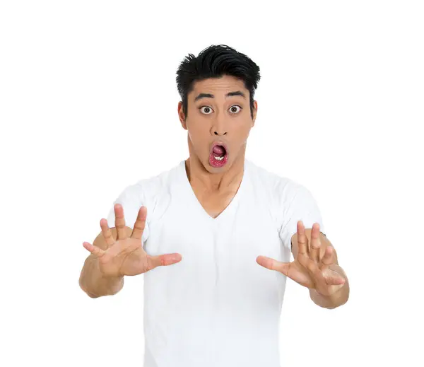 Shocked Scared Young Man Giving Stop Hand Gesture — Stock Photo, Image