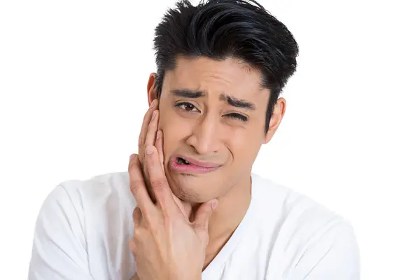Closeup Portrait Guy Wearing Blue Shirt Tooth Ache Isolated White — Stock Photo, Image