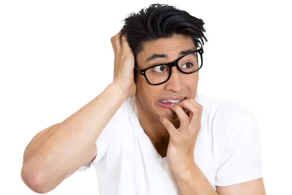Closeup Portrait Nervous Stressed Young Nerdy Guy Man Panic Fear — Stock Photo, Image