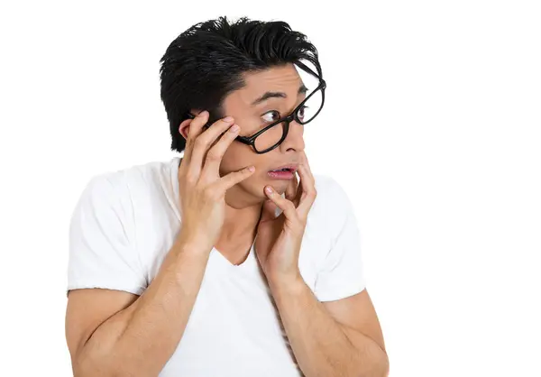 Closeup Portrait Nervous Stressed Young Nerdy Guy Man Panic Fear — Stock Photo, Image