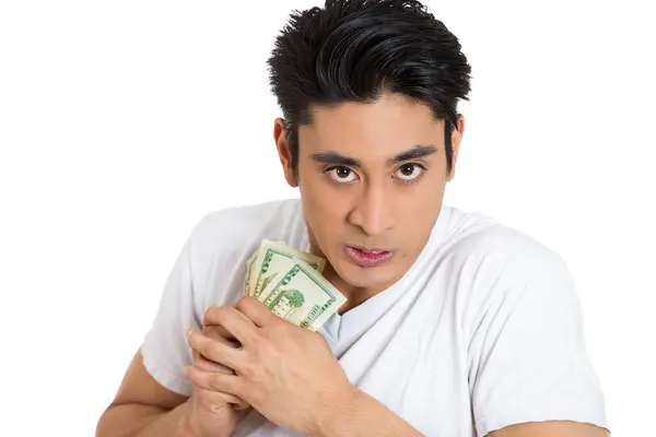Portrait Greedy Young Man Holding Dollar Banknotes Tightly Isolated White — Stock Photo, Image