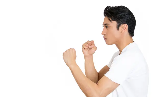 Side View Profile Portrait Angry Upset Young Man Worker Fists — Stock Photo, Image