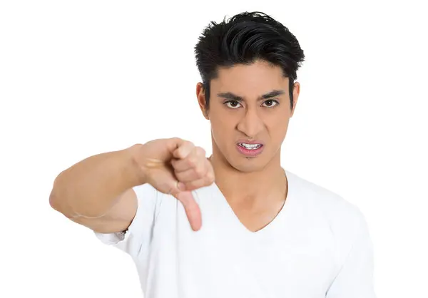 Closeup Portrait Angry Unhappy Young Handsome Man Showing Thumbs Sign — Stock Photo, Image