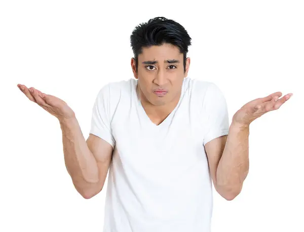 Closeup Portrait Dumb Clueless Young Man Arms Out Asking Why — Stock Photo, Image
