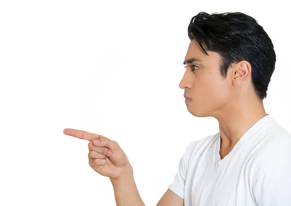 Closeup Side View Profile Portrait Serious Man Pointing Index Finger — Stock Photo, Image