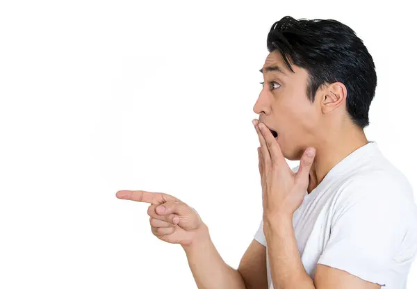Side Profile Young Shocked Man Pointing Finger Someone — Stock Photo, Image
