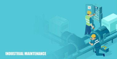 Gaz ve elektrik tesislerinin endüstriyel bakımını yürüten mühendis ekibinin Isometric vektörü 