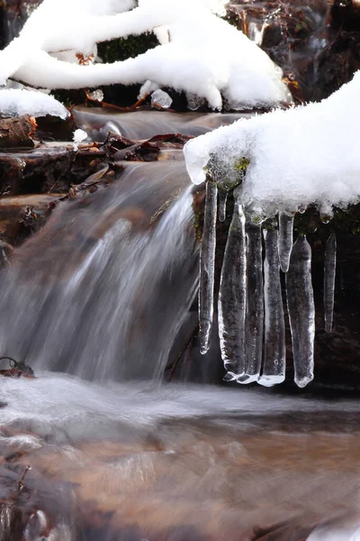 Carámbanos Arroyo Congelado Paisaje Invernal —  Fotos de Stock