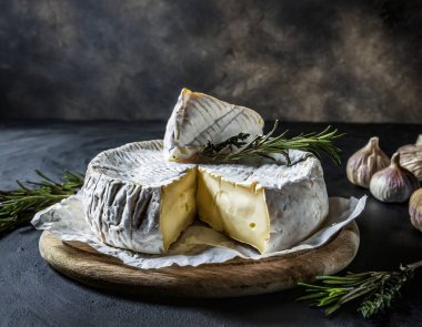 Koyu arkaplanda Camembert peyniri. Bu resim yapay zekayla oluşturuldu ve bir referans resmi kullanıldı.