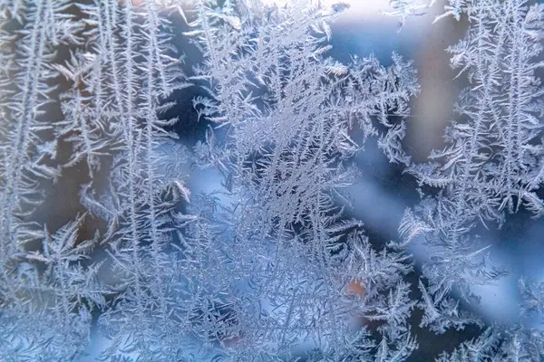 Soğuk kış boyunca pencerede kar kristalleri oluştu. Sokaklı kış arkaplanı