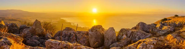 Panoramisch Zonsopgang Uitzicht Het Meer Van Galilea Vanaf Berg Arbel — Stockfoto