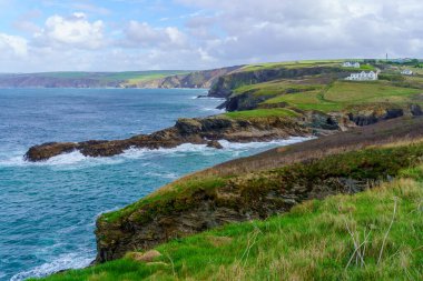 Port Isaac, Cornwall, İngiltere 'deki kayalıklı ve kırsal kıyı şeridi manzarası